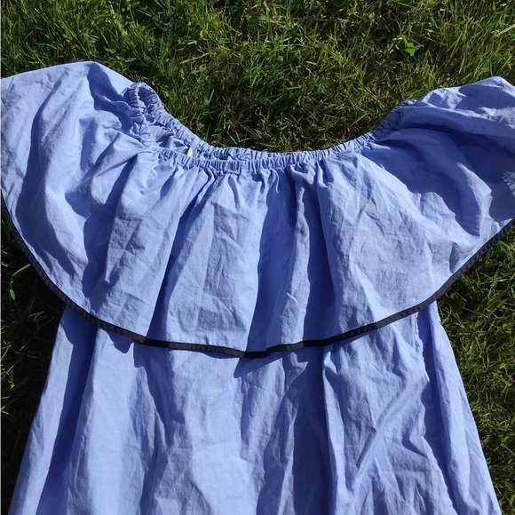 NWOT J.Crew Tipped Off-The-Shoulder Ruffle Blue Cotton Mini Dress Size L - Picture 3 of 6